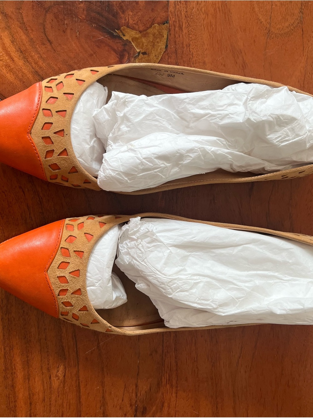 Rebecca Minkoff Pointed Toe Cutout Flats in Orange Leather and Tan Suede Overlay